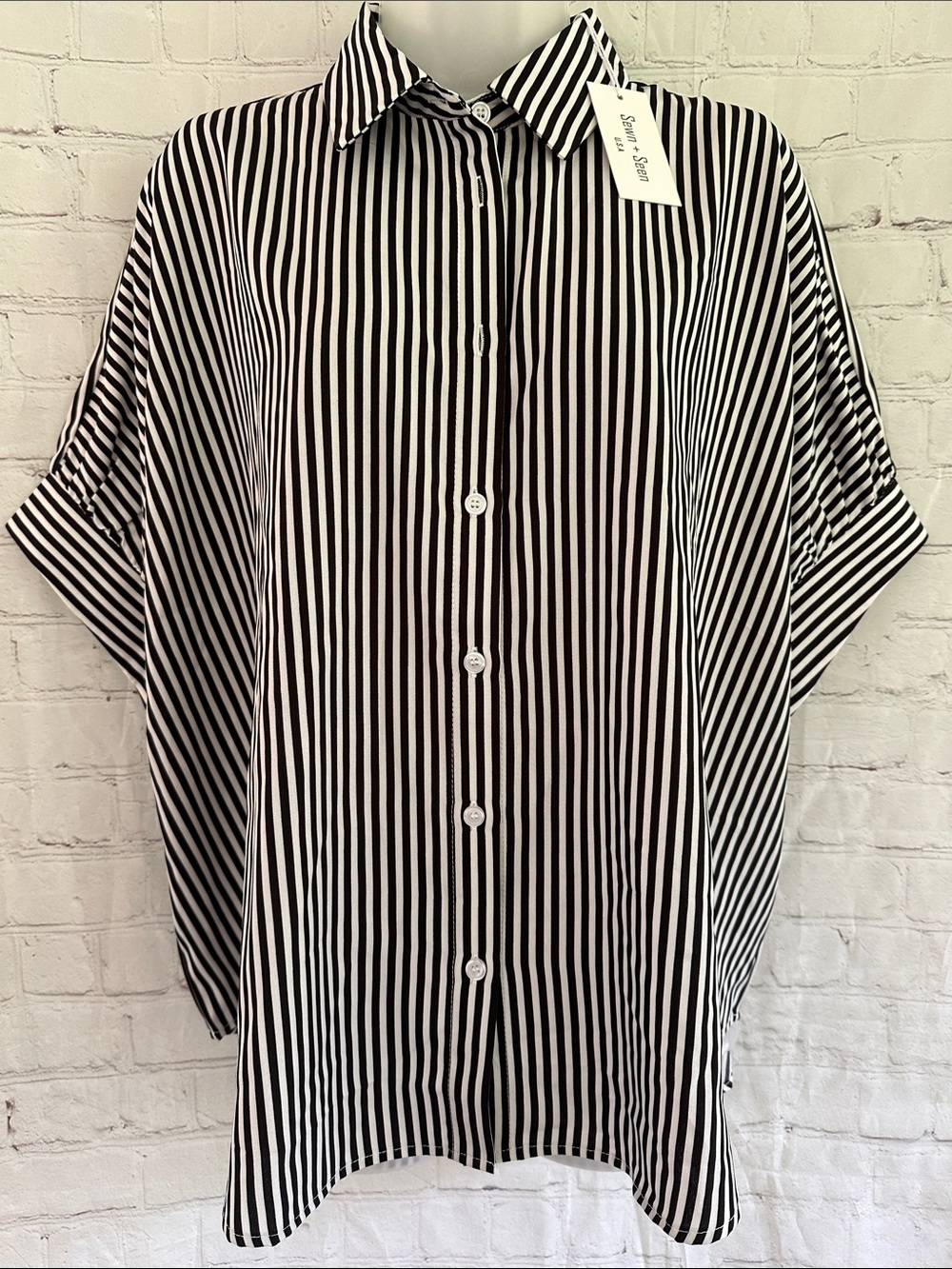 Sewn + Seen Black & White Striped Oversized Button-Up Blouse NWT